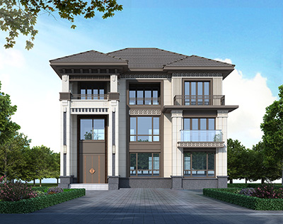 三層中式別墅外觀效果圖有堂屋BZ3693-新中式風(fēng)格